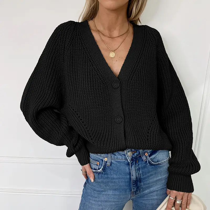 Women V-Neck Knitted Cardigan Blue Button Front - Image 8