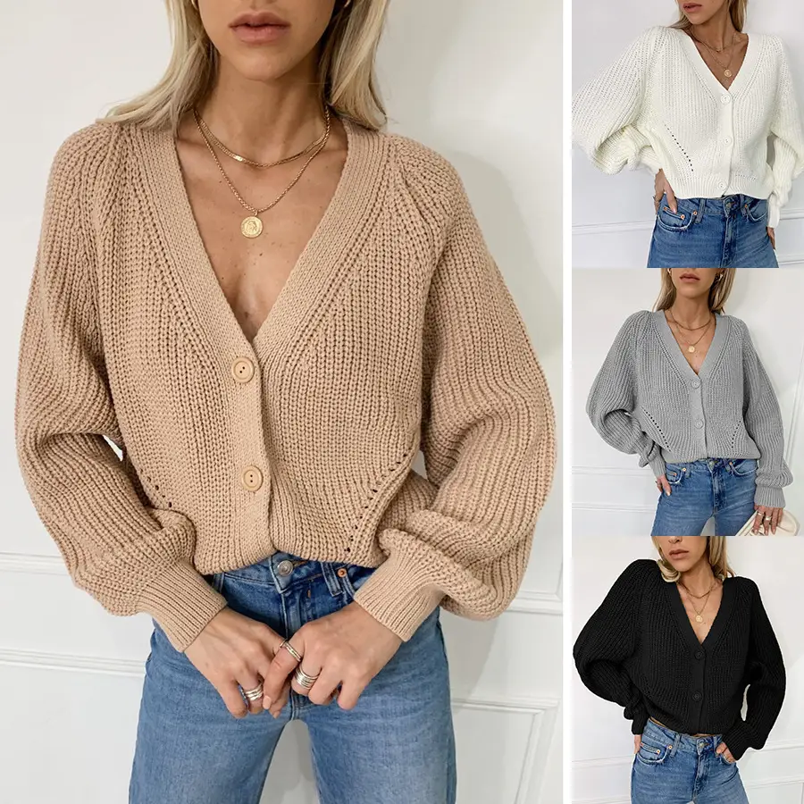 Women V-Neck Knitted Cardigan Blue Button Front — feature 2