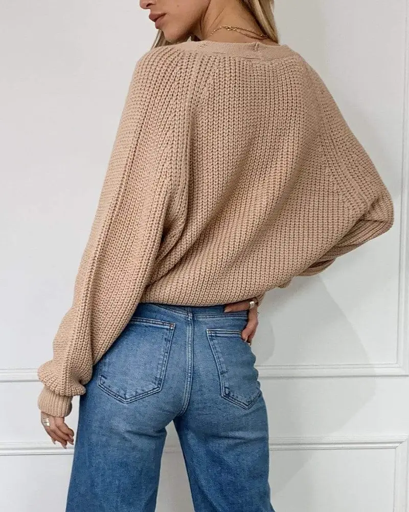 Women V-Neck Knitted Cardigan Blue Button Front — feature 7