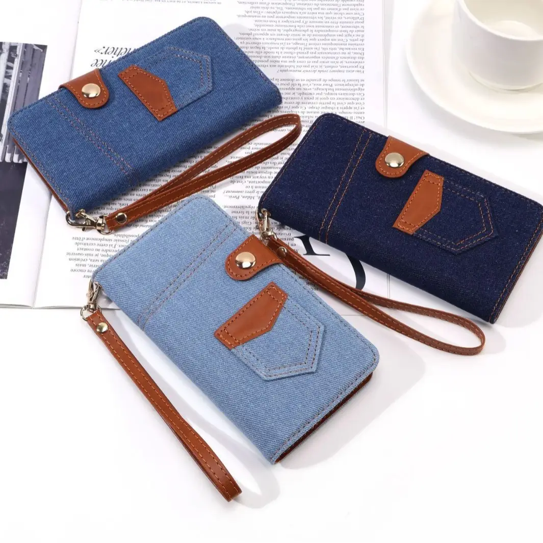 Blue Denim Phone Case with Card Slot & Wallet Style Design - Image 4
