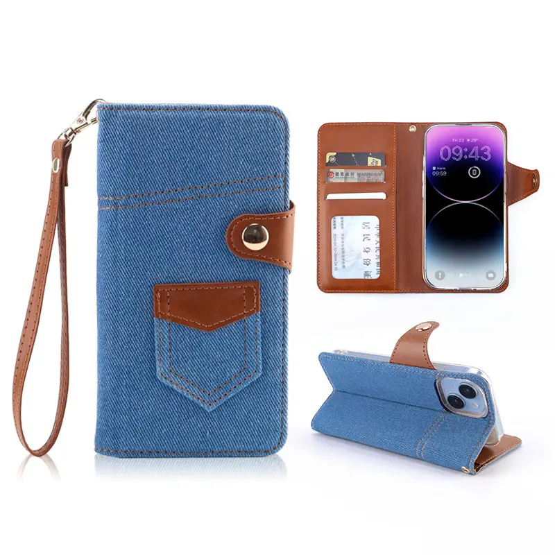Blue Denim Phone Case with Card Slot & Wallet Style Design - Image 5