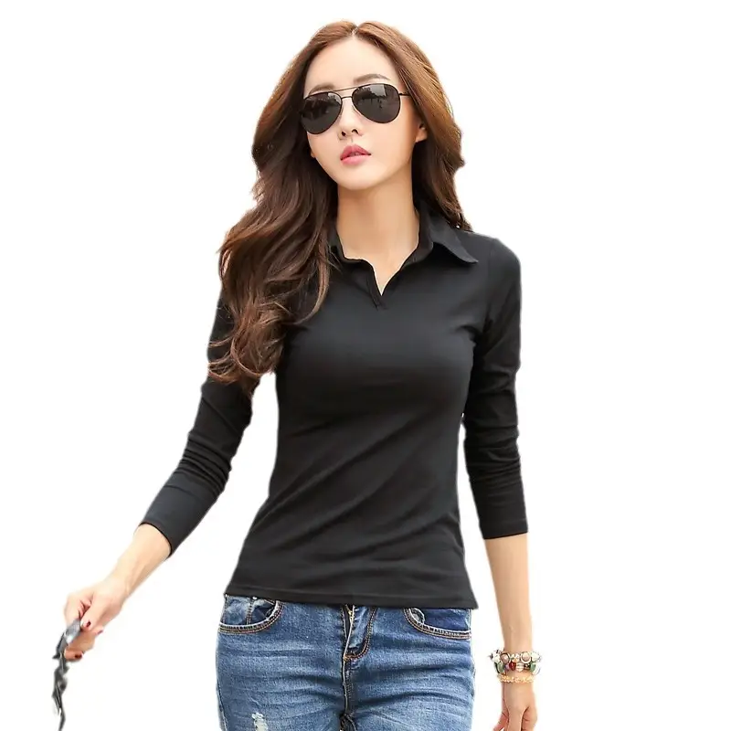 Women Slim Fit Lapel T-Shirt Long Sleeve Solid Color - Image 7