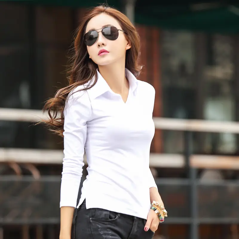 Women Slim Fit Lapel T-Shirt Long Sleeve Solid Color - Image 4