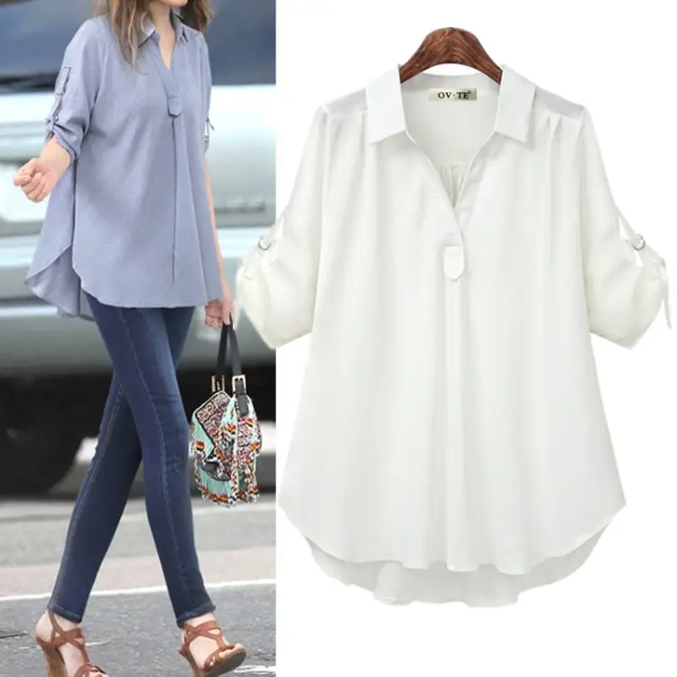Light Blue Loose Fit Mid Sleeve Shirt for Women Large - Image 4