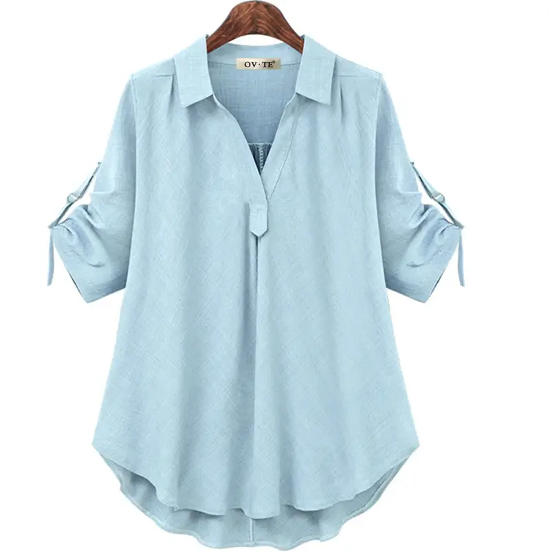Light Blue Loose Fit Mid Sleeve Shirt for Women Large - Image 2