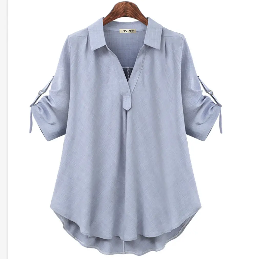 Light Blue Loose Fit Mid Sleeve Shirt for Women Large - Image 3