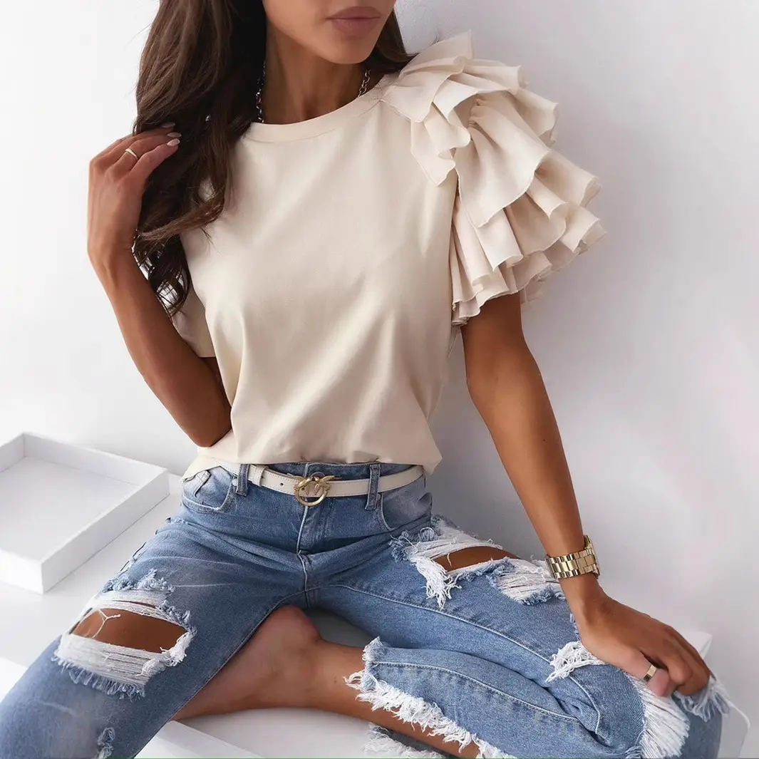 Women Ruffled Red T-Shirt Round Neck Short Sleeve 2021 - Image 10
