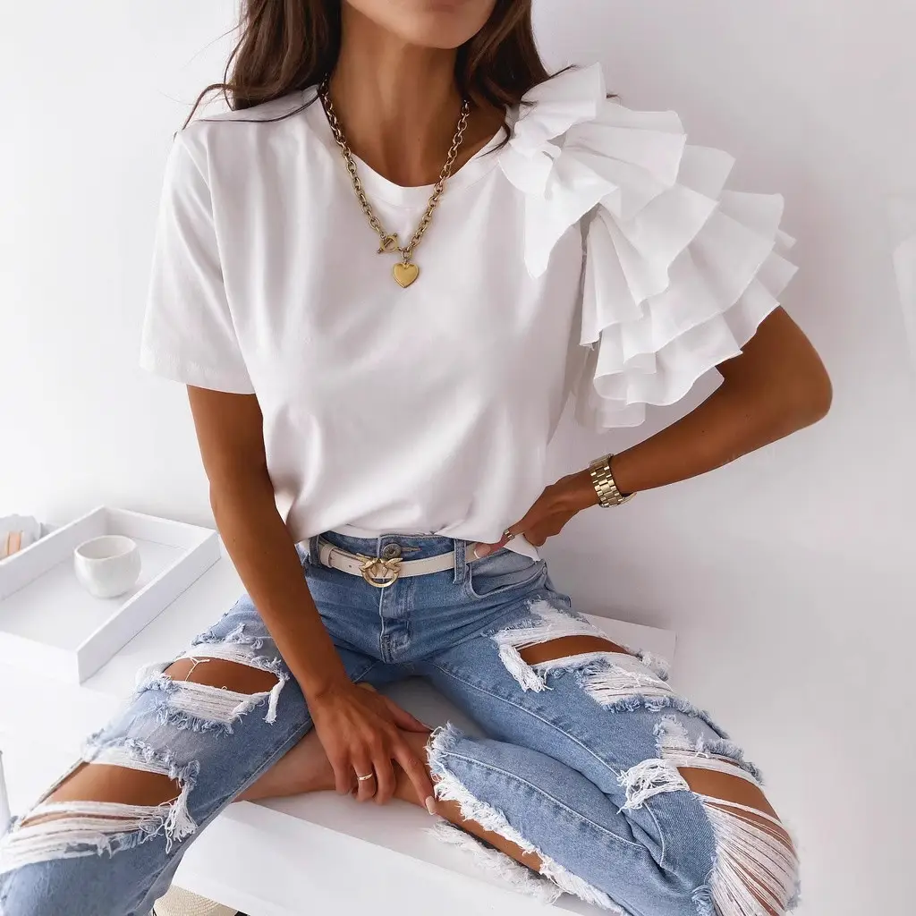 Women Ruffled Red T-Shirt Round Neck Short Sleeve 2021 - Image 11