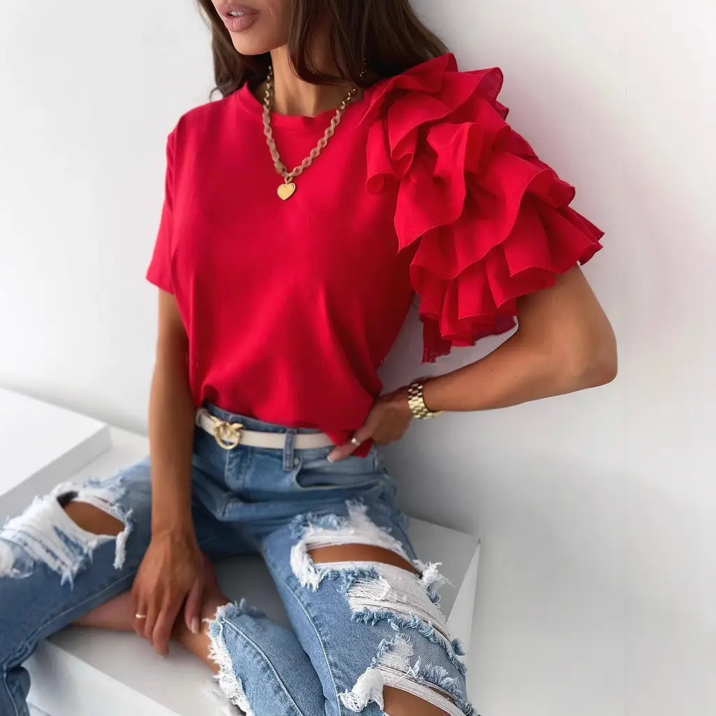 Women Ruffled Red T-Shirt Round Neck Short Sleeve 2021 - Image 12