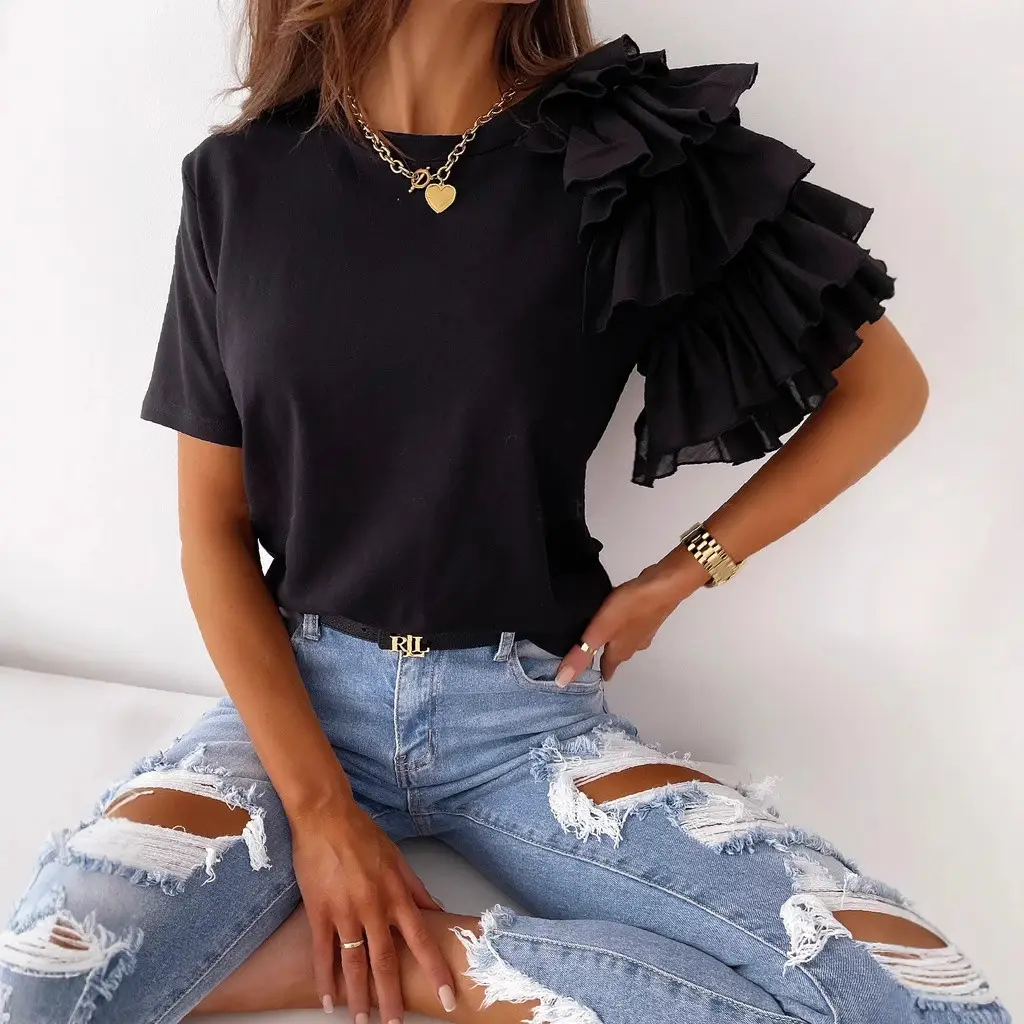 Women Ruffled Red T-Shirt Round Neck Short Sleeve 2021 - Image 13
