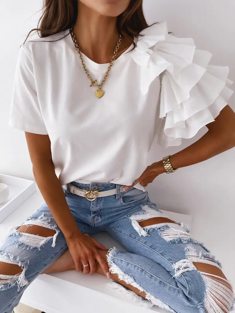 Women Ruffled Red T-Shirt Round Neck Short Sleeve 2021 - Image 7