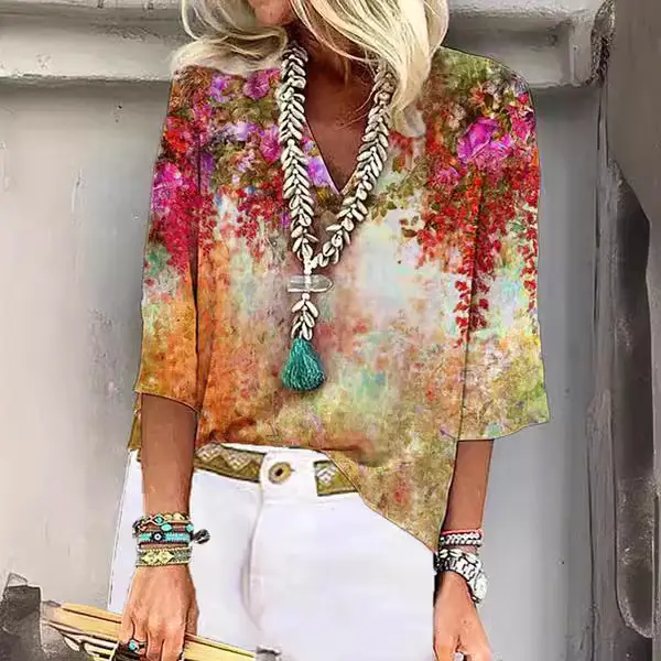 2023 Printed V-Neck Short Sleeve Women's Top