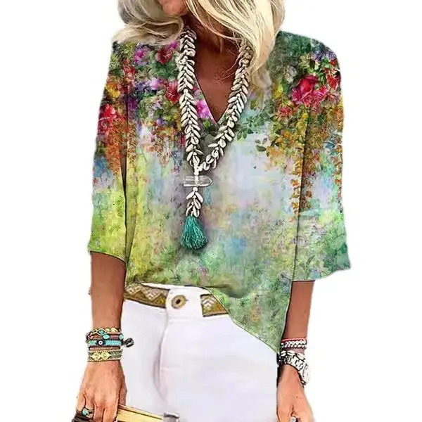 2023 Printed V-Neck Short Sleeve Women's Top