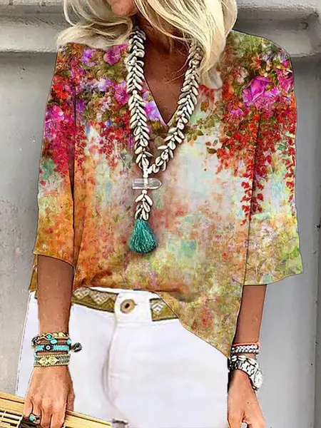 2023 Printed V-Neck Short Sleeve Women's Top