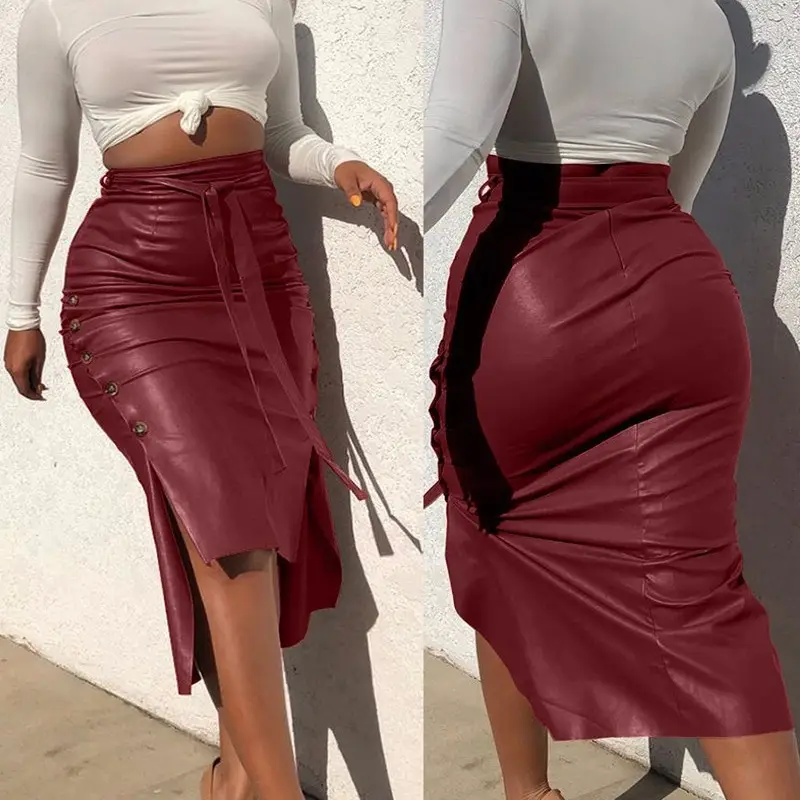 Women's Maroon PU Leather Hip Skirt Split Slim Fit - Image 5