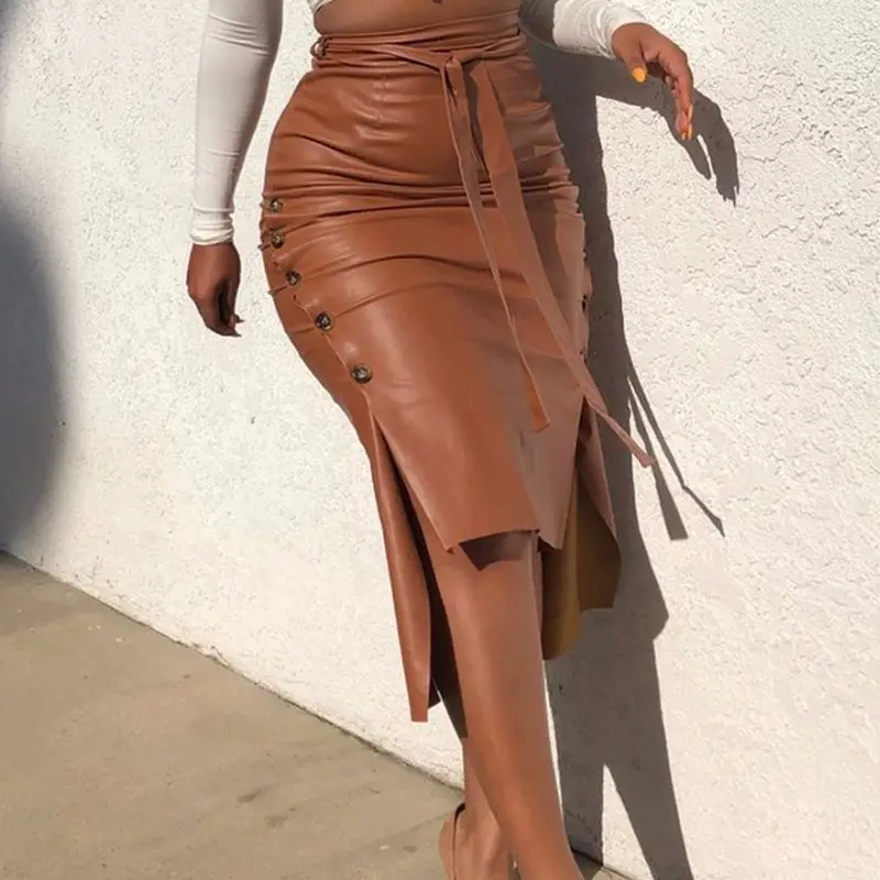 Women's Maroon PU Leather Hip Skirt Split Slim Fit - Image 7