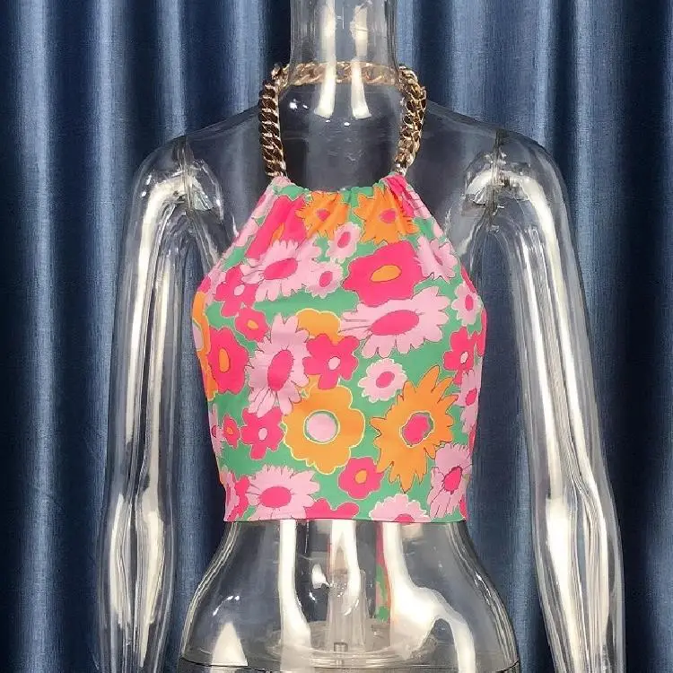2024 Printed Gold Chain Vest for Women Backless Halterneck