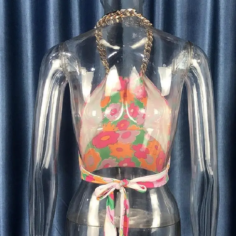 2024 Printed Gold Chain Vest for Women Backless Halterneck