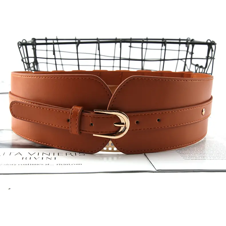 Brown Leather Belt with Gold Buckle for Women - Image 2