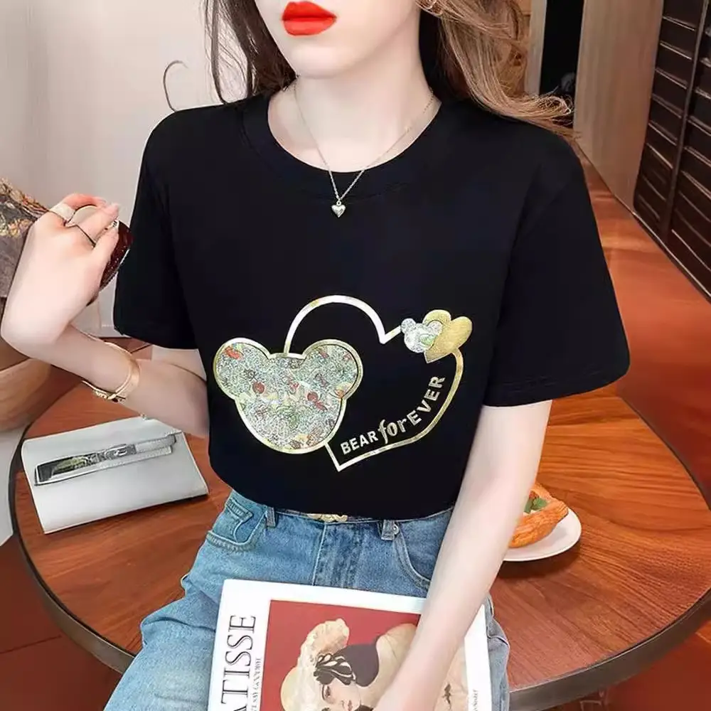Women Cross Border Heart Print T-Shirt Black 2023 - Image 12
