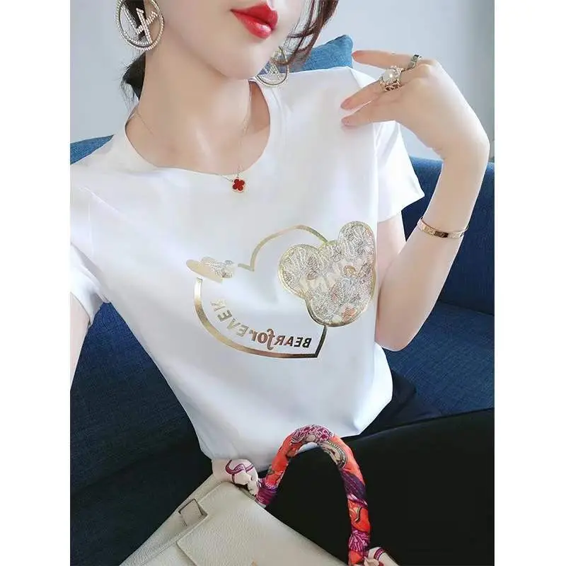 Women Cross Border Heart Print T-Shirt Black 2023 - Image 13