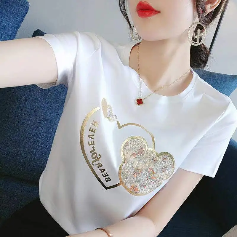 Women Cross Border Heart Print T-Shirt Black 2023 - Image 14