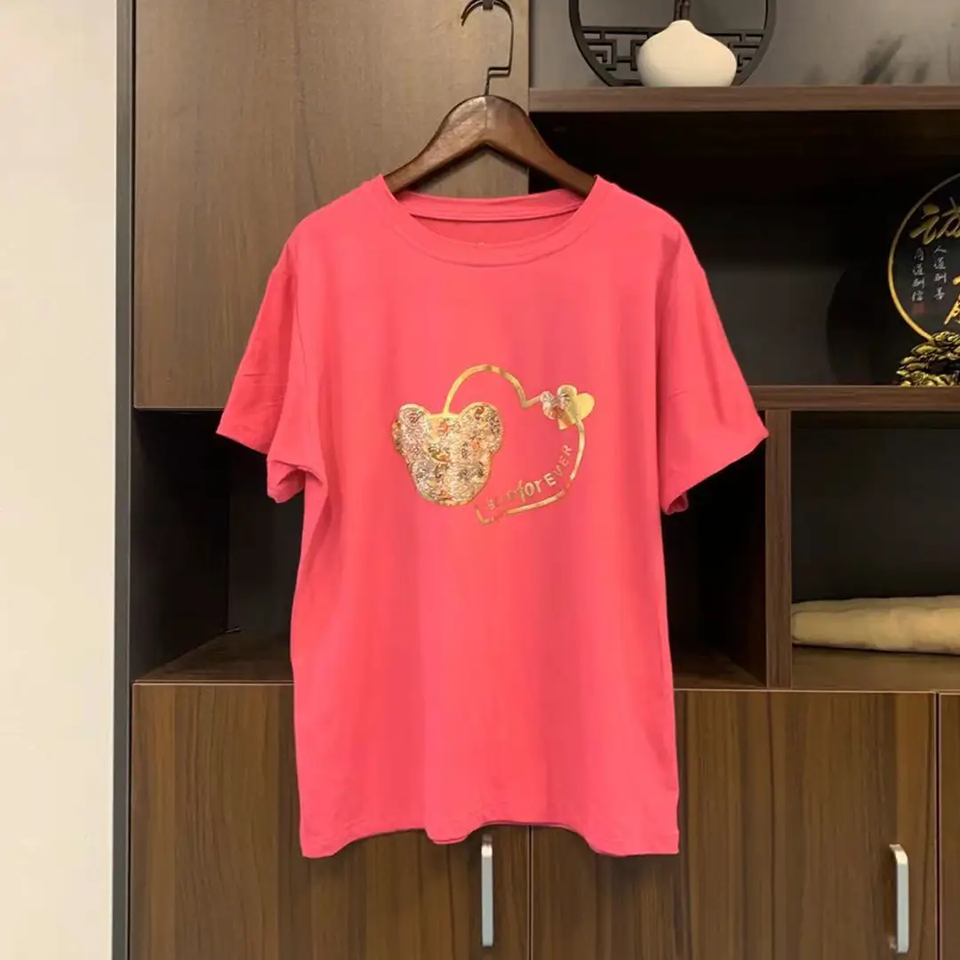 Women Cross Border Heart Print T-Shirt Black 2023 — feature 3
