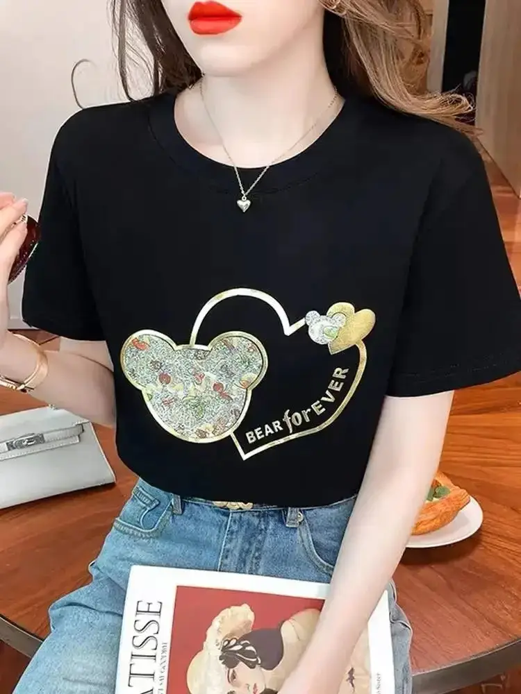 Women Cross Border Heart Print T-Shirt Black 2023 - Image 4