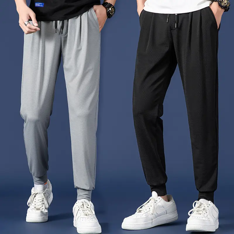 Men Mesh Ice Silk Jogger Pants Grey Large - Image 3