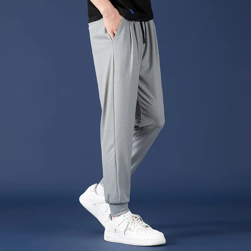 Men Mesh Ice Silk Jogger Pants Grey Large - Image 4