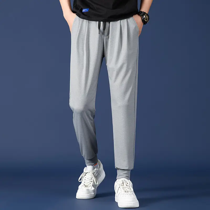 Men Mesh Ice Silk Jogger Pants Grey Large - Image 5