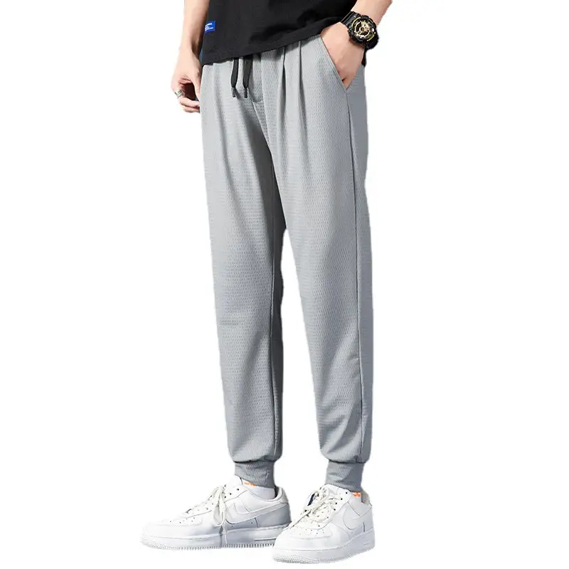 Men Mesh Ice Silk Jogger Pants Grey Large - Image 7