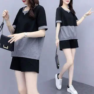 Women Black Grey V-Neck Shorts Set Large Summer 2021