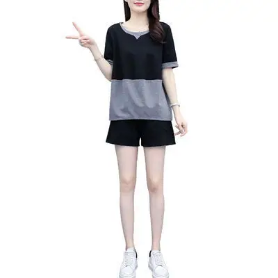 Women Black Grey V-Neck Shorts Set Large Summer 2021