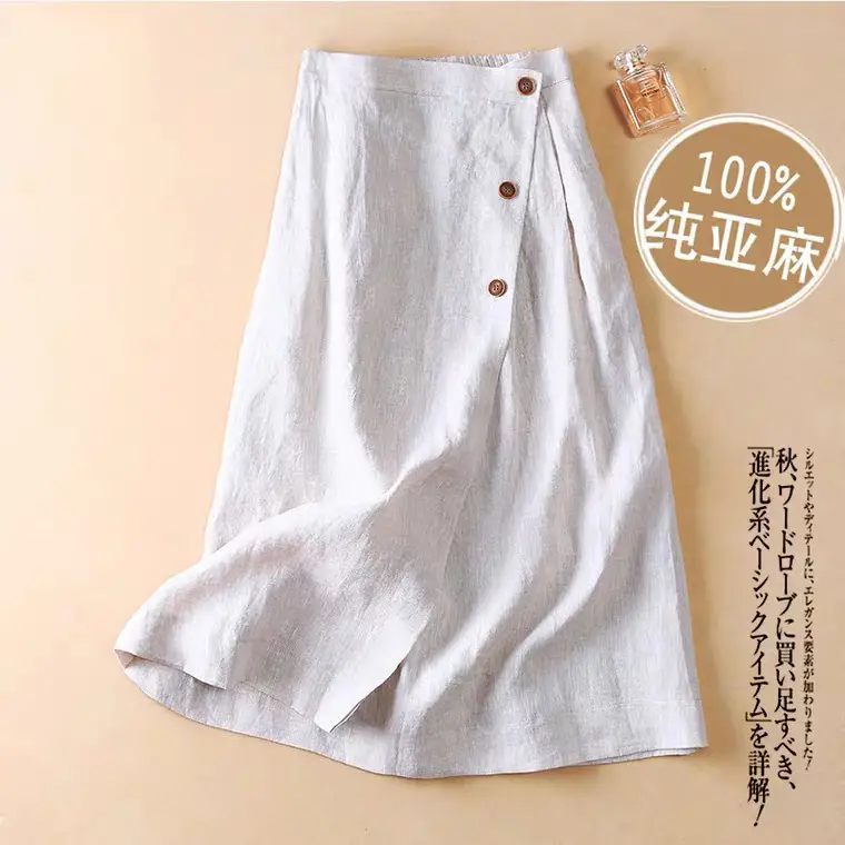 Women Green Linen A-Line Skirt Mid Length Elastic Waist - Image 3