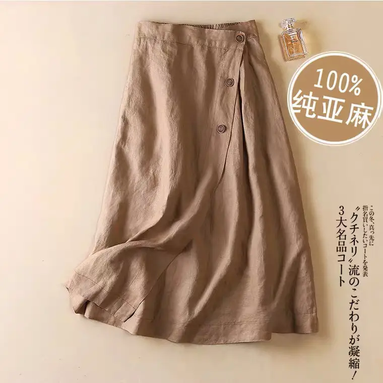 Women Green Linen A-Line Skirt Mid Length Elastic Waist - Image 4