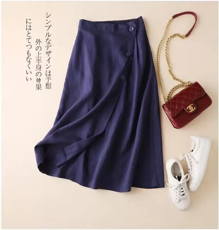 Women Green Linen A-Line Skirt Mid Length Elastic Waist — feature 1