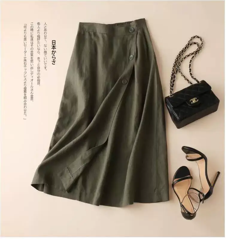 Women Green Linen A-Line Skirt Mid Length Elastic Waist — feature 2