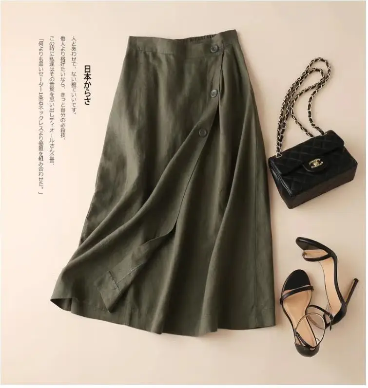 Women Green Linen A-Line Skirt Mid Length Elastic Waist - Image 5