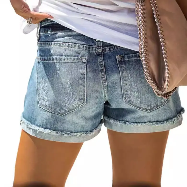 Women Denim Shorts High Waist Hole Washed Europe US - Image 11