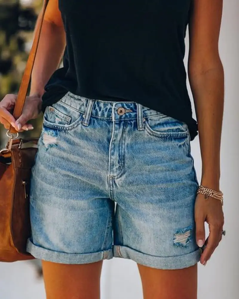 Women Denim Shorts High Waist Hole Washed Europe US - Image 2