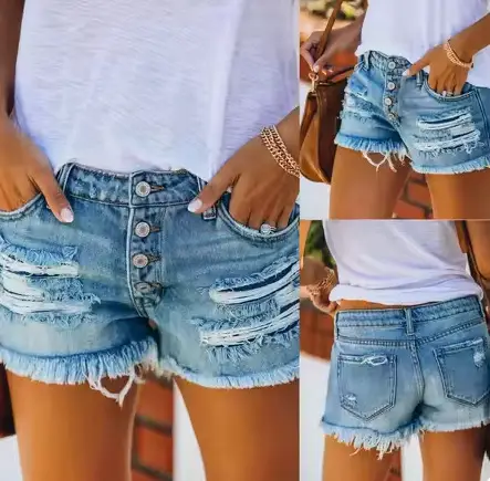 Women Denim Shorts High Waist Hole Washed Europe US - Image 6