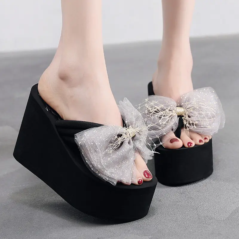 11cm High Heel 2025 New Summer Beach Non-Slip Thick Sole Flip Flops Women's Summer Outerwear Bow Slippers - Image 12