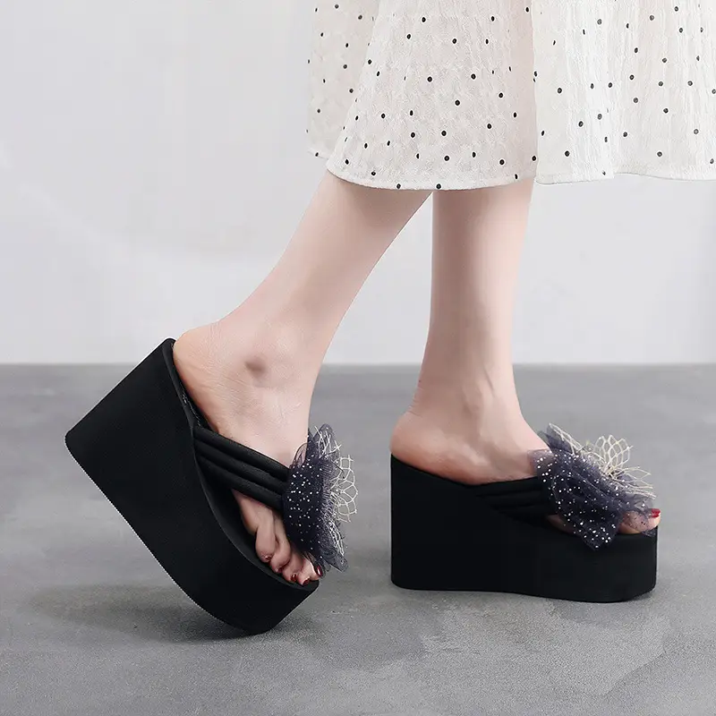 11cm High Heel 2025 New Summer Beach Non-Slip Thick Sole Flip Flops Women's Summer Outerwear Bow Slippers - Image 13