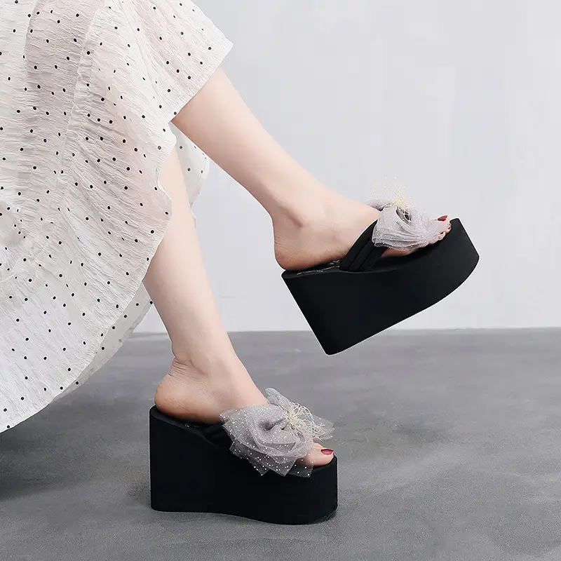 11cm High Heel 2025 New Summer Beach Non-Slip Thick Sole Flip Flops Women's Summer Outerwear Bow Slippers - Image 14