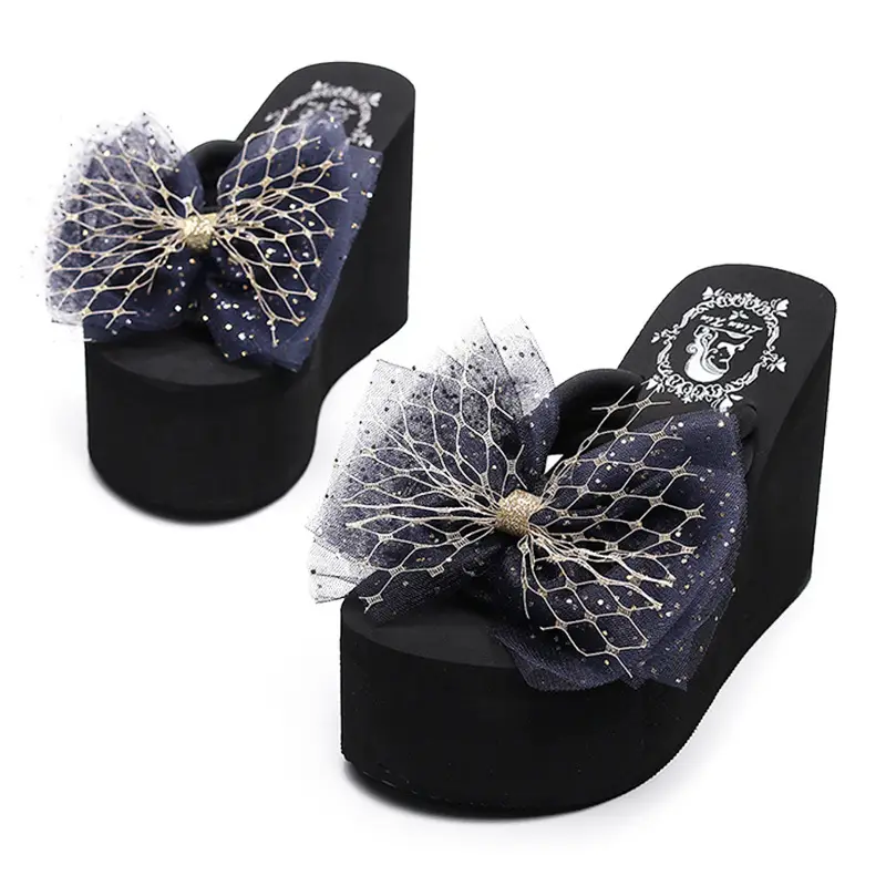 11cm High Heel 2025 New Summer Beach Non-Slip Thick Sole Flip Flops Women's Summer Outerwear Bow Slippers - Image 15