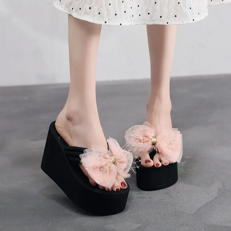 11cm High Heel 2025 New Summer Beach Non-Slip Thick Sole Flip Flops Women's Summer Outerwear Bow Slippers - Image 7