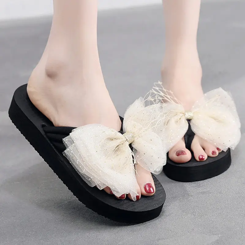 11cm High Heel 2025 New Summer Beach Non-Slip Thick Sole Flip Flops Women's Summer Outerwear Bow Slippers - Image 2