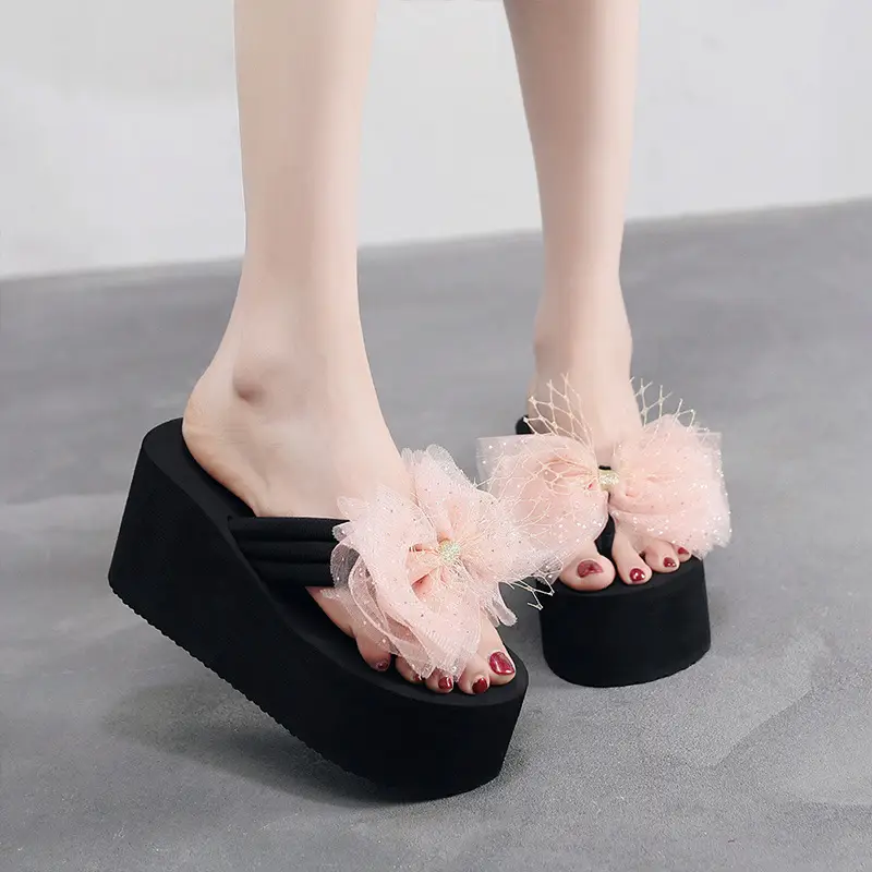 11cm High Heel 2025 New Summer Beach Non-Slip Thick Sole Flip Flops Women's Summer Outerwear Bow Slippers - Image 3