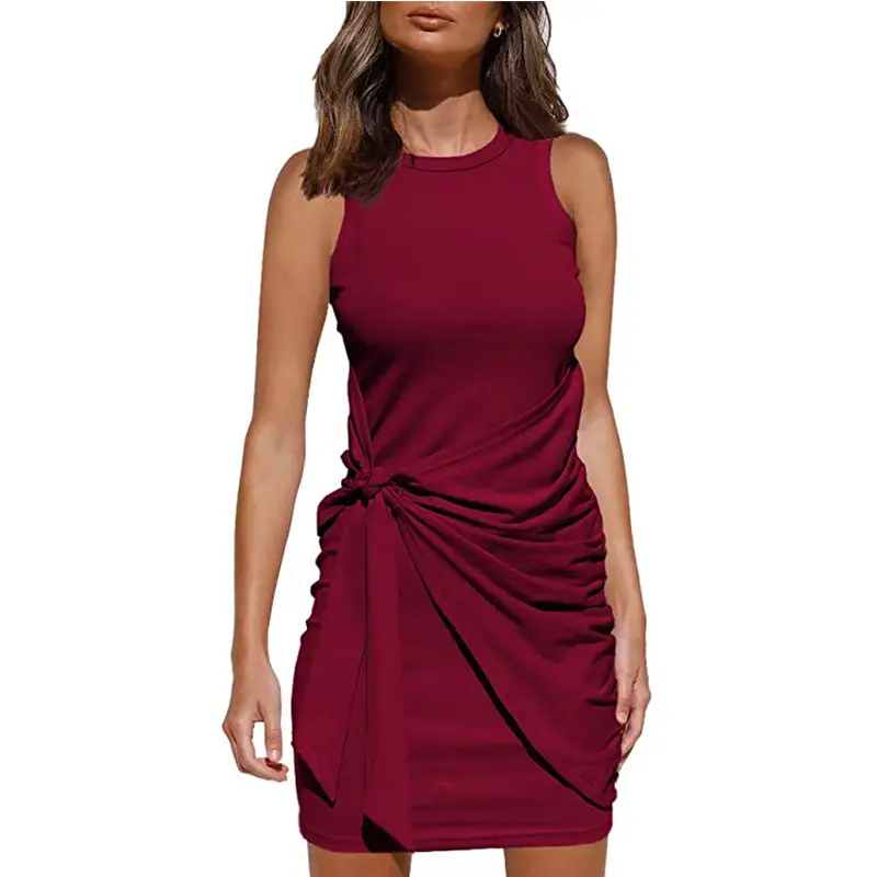 Sleeveless Pleated Bow Belt Dress Maroon - Image 13